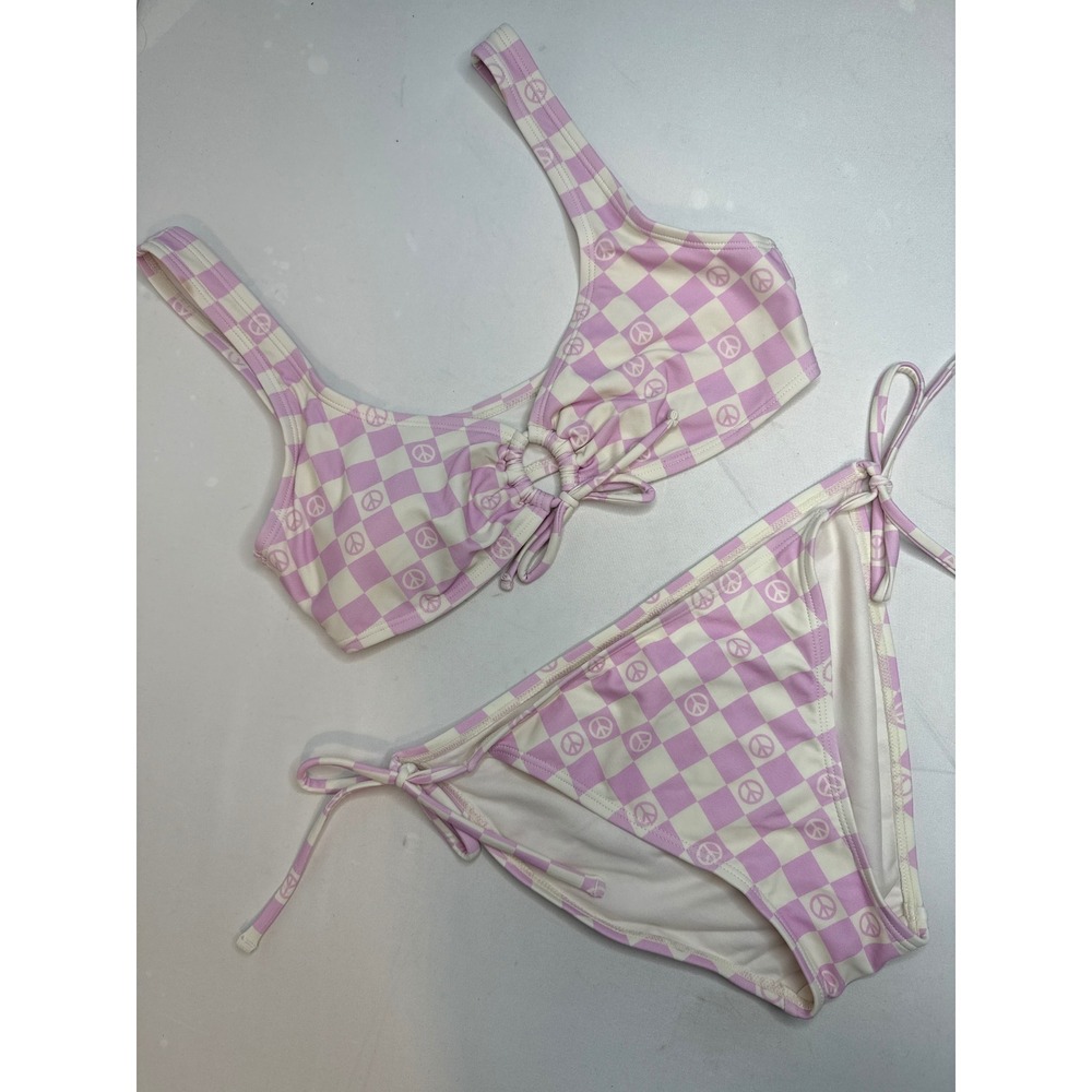 Ninety Nine Checkerboard Peace Sign Bikini Swimsuit Set Lavender White‎ S